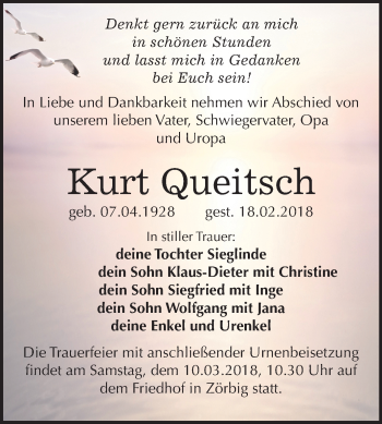 Traueranzeige von Kurt Queitsch von Mitteldeutsche Zeitung Bitterfeld