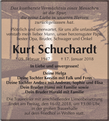 Traueranzeige von Kurt Schuchardt von Mitteldeutsche Zeitung Bitterfeld