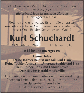 Traueranzeige von Kurt Schuchardt von WVG - Wochenspiegel Bitterfeld