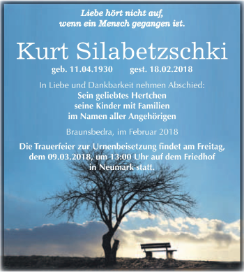Traueranzeige von Kurt Silabetzschki von WVG - Wochenspiegel Merseburg