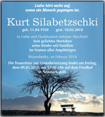 Traueranzeige von Kurt Silabetzschki von Mitteldeutsche Zeitung Merseburg/Querfurt