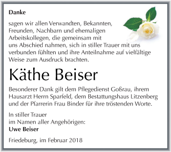 Traueranzeige von Käthe Beiser von Wochenspiegel Mansfelder Land