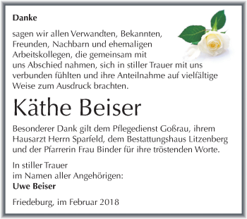 Traueranzeige von Käthe Beiser von Mitteldeutsche Zeitung
