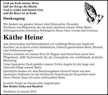 Traueranzeige von Käthe Heine von Mitteldeutsche Zeitung Quedlinburg