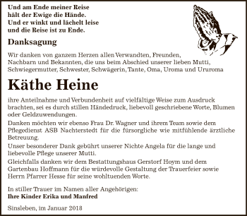 Traueranzeige von Käthe Heine von Super Sonntag Aschersleben