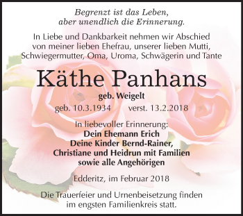Traueranzeige von Käthe Panhans von Mitteldeutsche Zeitung Köthen