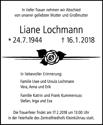 Traueranzeige von Liane Lochmann von Mitteldeutsche Zeitung Dessau-Roßlau