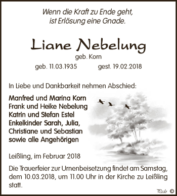 Traueranzeige von Liane Nebelung von WVG - Wochenspiegel NMB / WSF / ZTZ