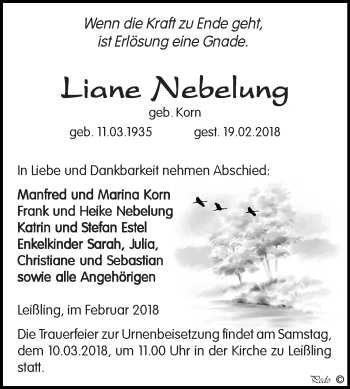 Traueranzeige von Liane Nebelung von Mitteldeutsche Zeitung Weißenfels