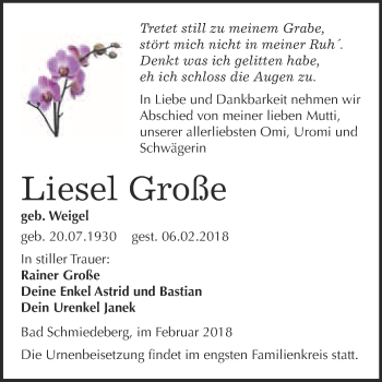 Traueranzeige von Liesel Große von WVG - Wochenspiegel Wittenberg