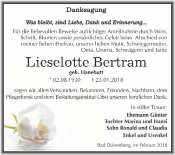 Traueranzeige von Lieselotte Bertram von Super Sonntag Merseburg