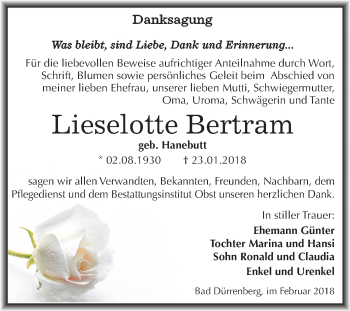 Traueranzeige von Lieselotte Bertram von Mitteldeutsche Zeitung Merseburg/Querfurt