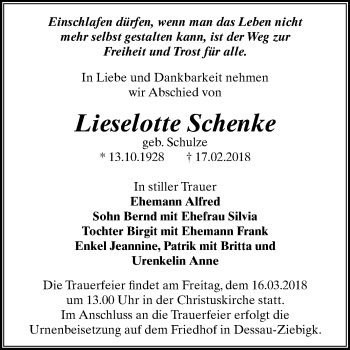 Traueranzeige von Lieselotte Schenke von Mitteldeutsche Zeitung