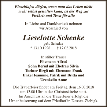 Traueranzeige von Lieselotte Schenke von WVG - Wochenspiegel Dessau / Köthen