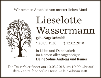 Traueranzeige von Lieselotte Wassermann von WVG - Wochenspiegel Dessau / Köthen