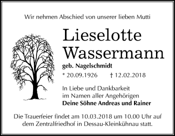 Traueranzeige von Lieselotte Wassermann von Mitteldeutsche Zeitung