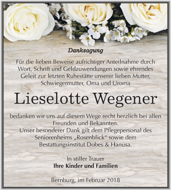 Traueranzeige von Lieselotte Wegener von Mitteldeutsche Zeitung Bernburg