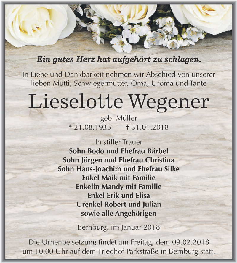  Traueranzeige für Lieselotte Wegener vom 03.02.2018 aus Super Sonntag Bernburg