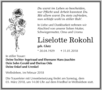 Traueranzeige von Liselotte Rokohl von Mitteldeutsche Zeitung