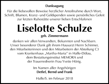 Traueranzeige von Liselotte Schulze von Mitteldeutsche Zeitung Halle/Saalkreis