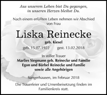 Traueranzeige von Liska Reinecke von Mitteldeutsche Zeitung