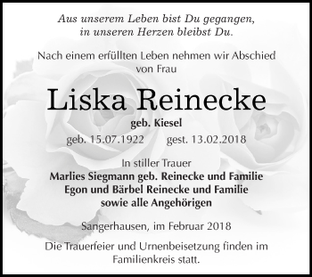 Traueranzeige von Liska Reinecke von Super Sonntag SGH Mansf. Land