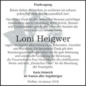 Traueranzeige von Loni Heigwer von WVG - Wochenspiegel Bitterfeld