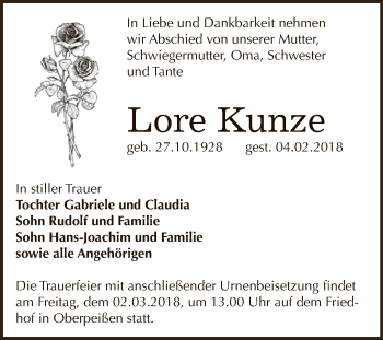 Traueranzeige von Lore Kunze von Super Sonntag Bernburg