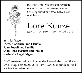 Traueranzeige von Lore Kunze von Mitteldeutsche Zeitung Bernburg