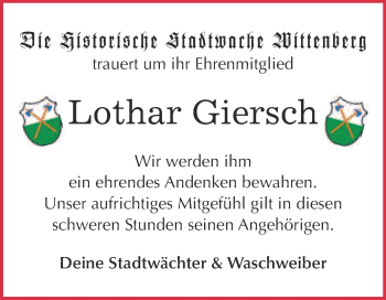 Traueranzeige von Lothar Giersch von Super Sonntag Wittenberg