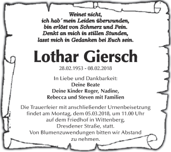 Traueranzeige von Lothar Giersch von WVG - Wochenspiegel Wittenberg