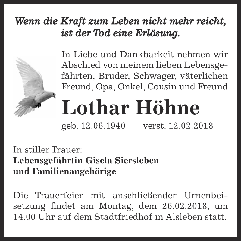  Traueranzeige für Lothar Höhne vom 17.02.2018 aus Super Sonntag Bernburg