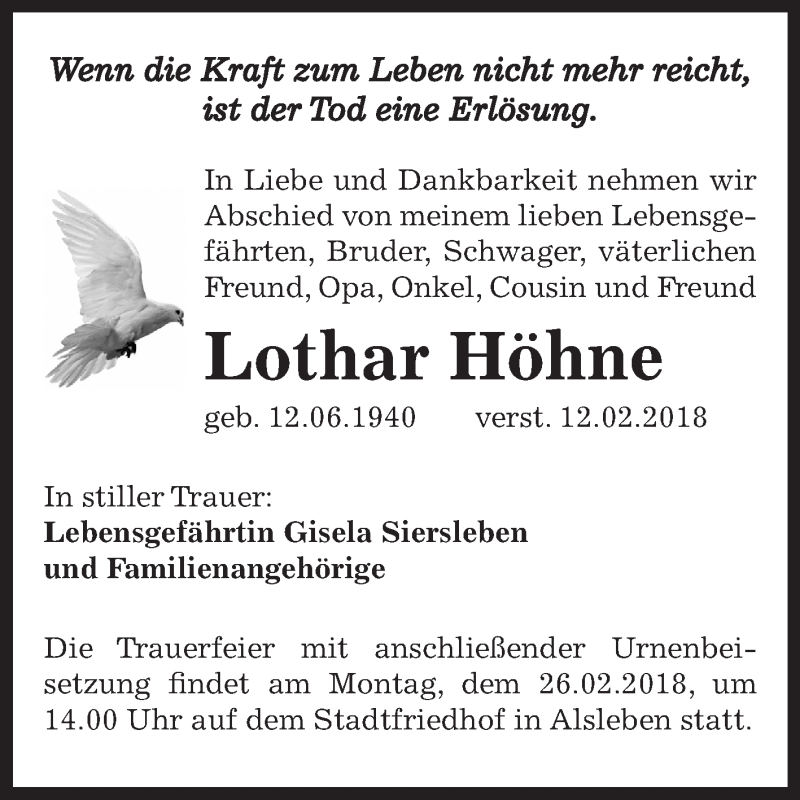  Traueranzeige für Lothar Höhne vom 17.02.2018 aus Mitteldeutsche Zeitung Bernburg