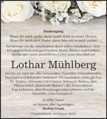 Traueranzeige von Lothar Mühlberg von WVG - Wochenspiegel Wittenberg