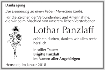 Traueranzeige von Lothar Panzlaff von Wochenspiegel Mansfelder Land
