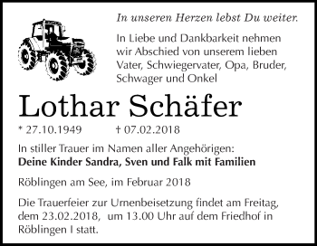 Traueranzeige von Lothar Schäfer von Super Sonntag SGH Mansf. Land
