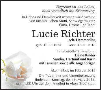 Traueranzeige von Lucie Richter von Mitteldeutsche Zeitung Köthen