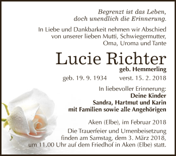 Traueranzeige von Lucie Richter von WVG - Wochenspiegel Dessau / Köthen