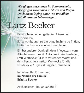 Traueranzeige von Lutz Becker von Super Sonntag Bernburg