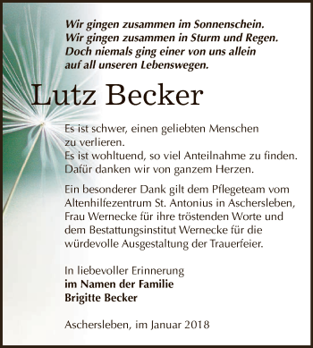 Traueranzeige von Lutz Becker von Super Sonntag Bernburg