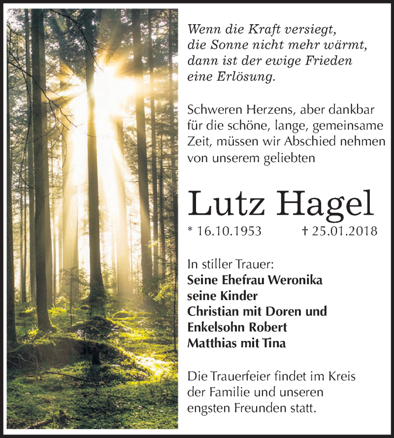  Traueranzeige für Lutz Hagel vom 03.02.2018 aus Mitteldeutsche Zeitung