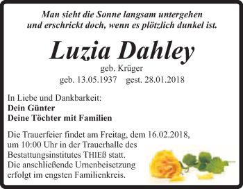 Traueranzeige von Luzia Dahley von Super Sonntag Quedlinburg