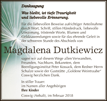 Traueranzeige von Magdalena Dutkiewicz von WVG - Wochenspiegel Dessau / Köthen