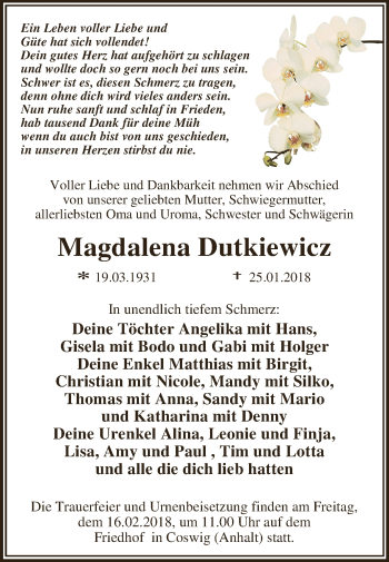 Traueranzeige von Magdalena Dutkiewicz von WVG - Wochenspiegel Dessau / Köthen