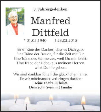Traueranzeige von Manfred Dittfeld von Super Sonntag Wittenberg