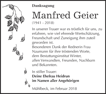 Traueranzeige von Manfred Geier von WVG - Wochenspiegel Bitterfeld