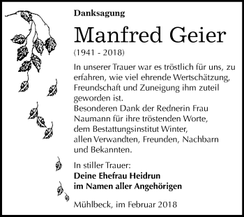 Traueranzeige von Manfred Geier von Mitteldeutsche Zeitung Bitterfeld