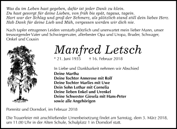 Traueranzeige von Manfred Letsch von Mitteldeutsche Zeitung