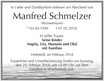 Traueranzeige von Manfred Schmelzer von Wochenspiegel Mansfelder Land