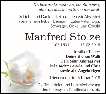 Traueranzeige von Manfred Stolze von WVG - Wochenspiegel Bitterfeld
